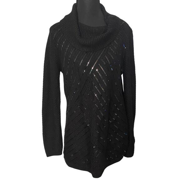 Chico’s Black Sequin Cowl Neck Sweater Size 1 (M) Sparkle Knit Holiday Party - Picture 1 of 6